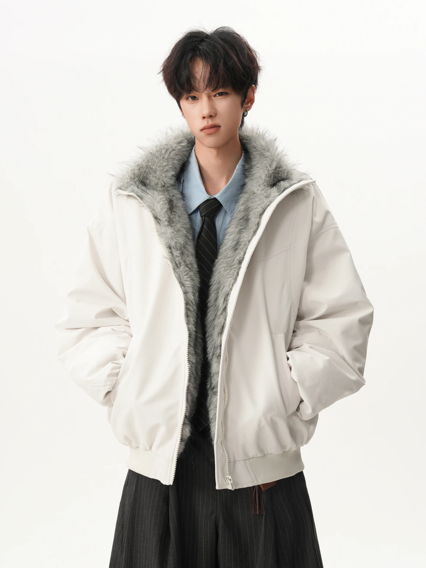 

Thiened Cotton Jaet for Men with Fur Collar Versatile Winter Warm Clothing Youth Casual Sle Long Sve Zipper Closure