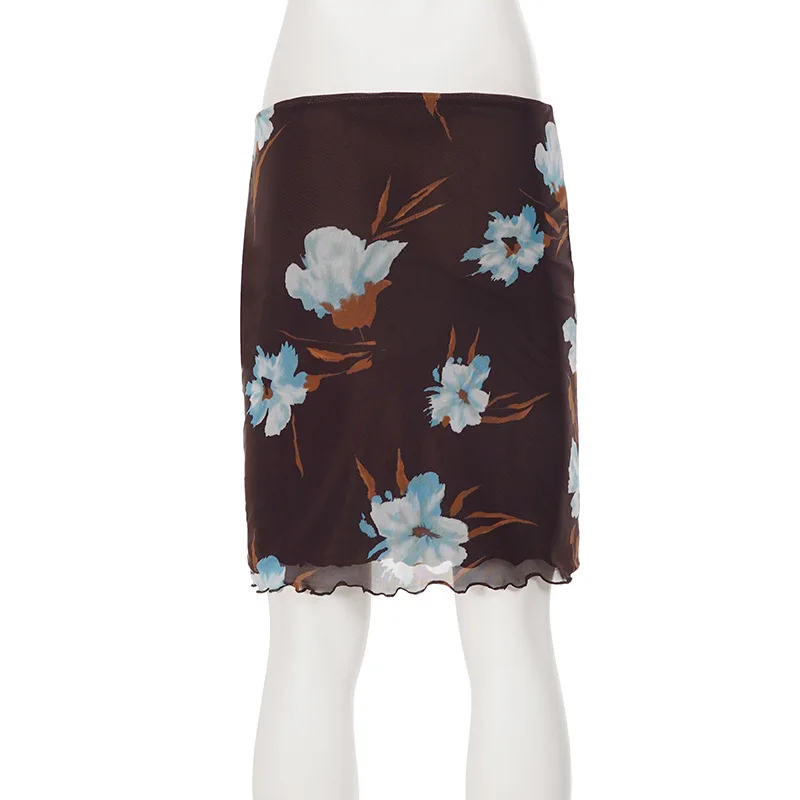 vintage oil painting style floral print fungus edge mesh skirt contrasting color wrapper hip skirts for women