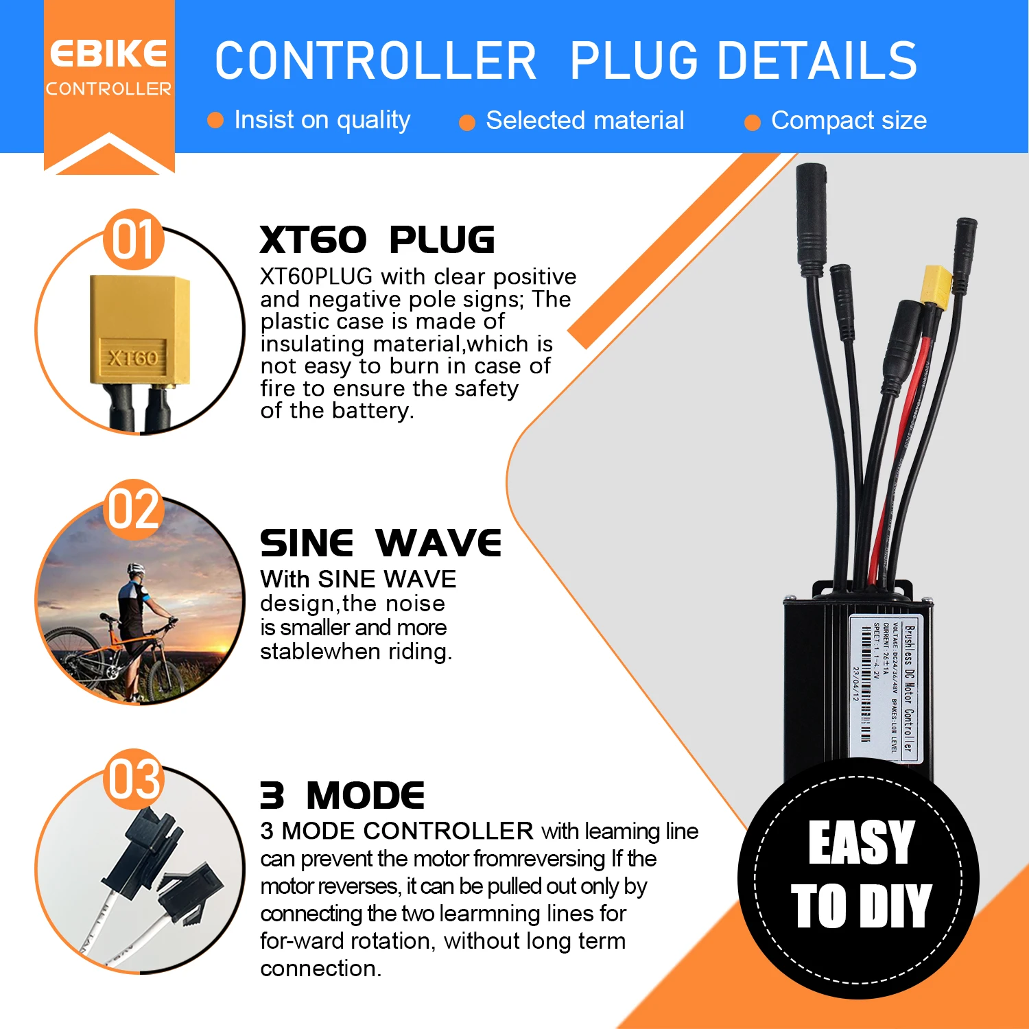 Ebike Sine Wave Three mode Controller 24V/36V/48V 17A 26A 30A 250W-1000W with NFC S100 LCD Display For Electric Bike E-scooter view 5