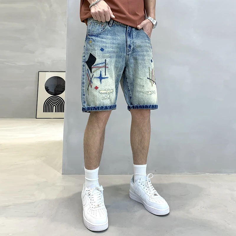 Embroidered hole & patch denim shorts men2024summer new street fashion Korean style personalized retro cropped pants