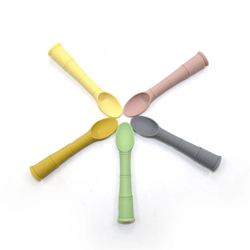 Baby Food Supplement Bamboo Silicone Fork Spoon All Silicone Baby Anti-scalding Food Grade Silicone Spoon