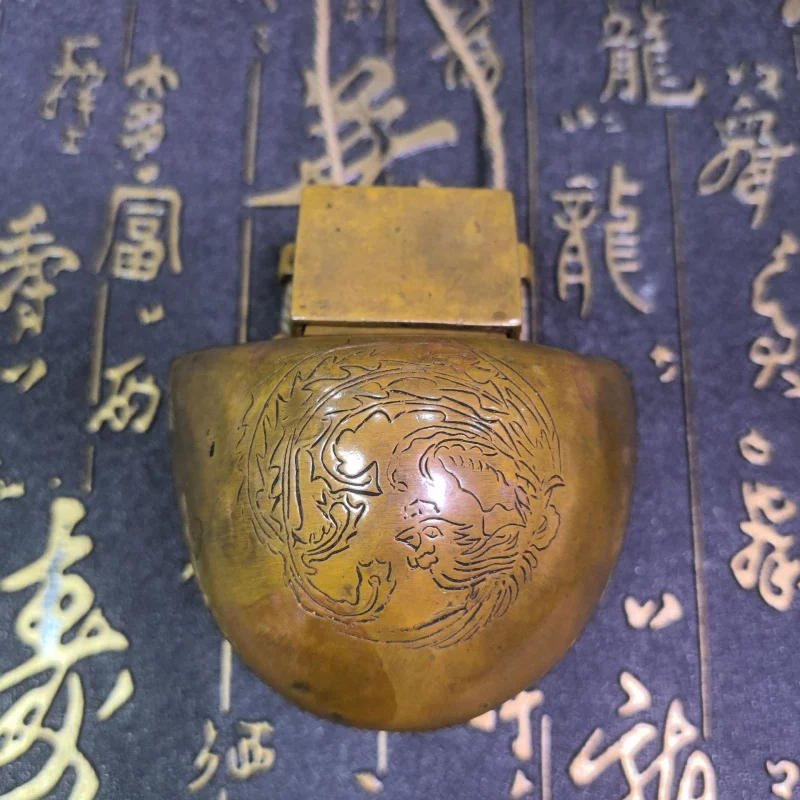Antique Handicrafts Vintage Copperware Tobacco Pouch with Fu Character and Double Dragon Carving Ornament Collectible