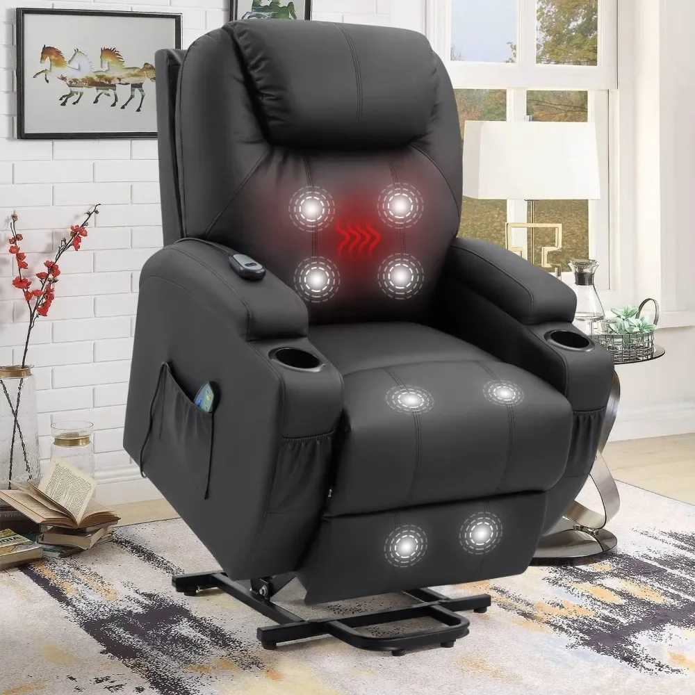 Power Lift Recliner Chair with Massage and Heating Functions, PU Leather Sofa with Remote Control and Two Cup Holders