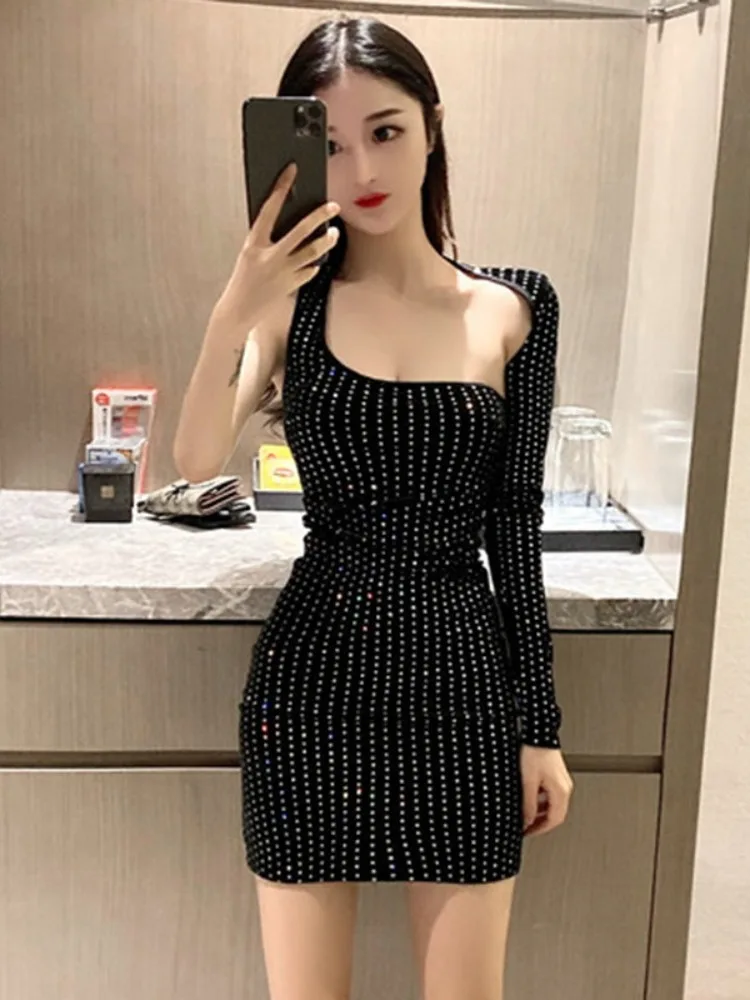 Women Dress Spring Autumn New Style Low cut Fashion Sexy Heavy Industry Diamond Inlaid Slimming and Skinny Bag Hip Dress