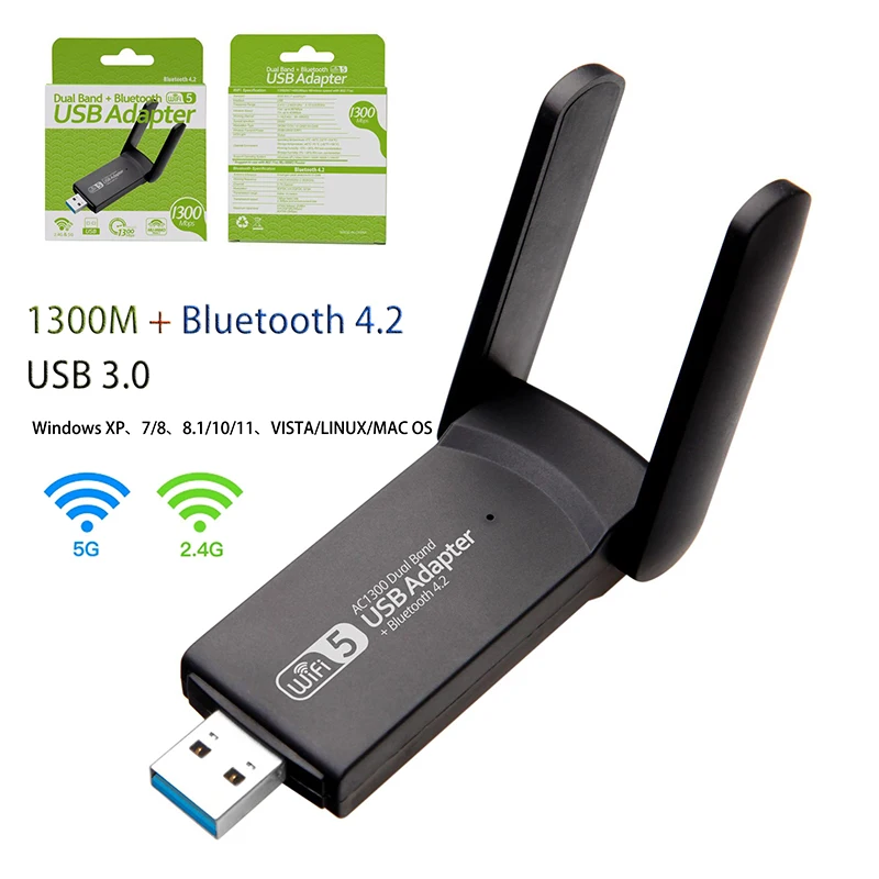 2in1 USB 3.0 WiFi Adapter 1300Mbps Bluetooth 4.2 Dual Band 2.4G/5GHz USB Network Card Wireless Receiver For Desktop Laptop
