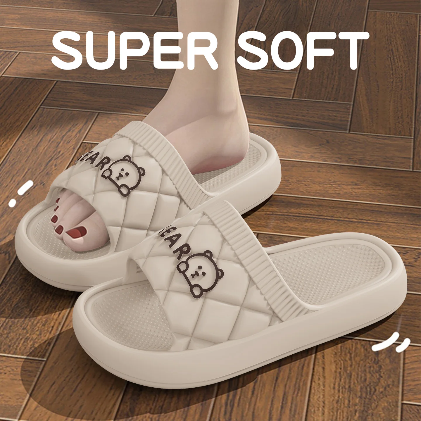 Couple Cute Bear Letter EVA Slippers Elastic Cloud Feet Slides Anti-slip Quick Dry Fashion Home Beach Open Toe Sandals