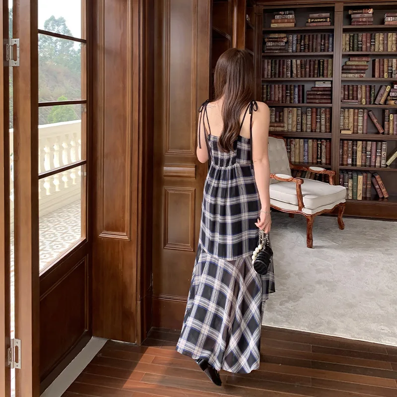 Plaid Pleated Slip Dress Women 2024 Plus-size Temperament Irregular Slip Dress