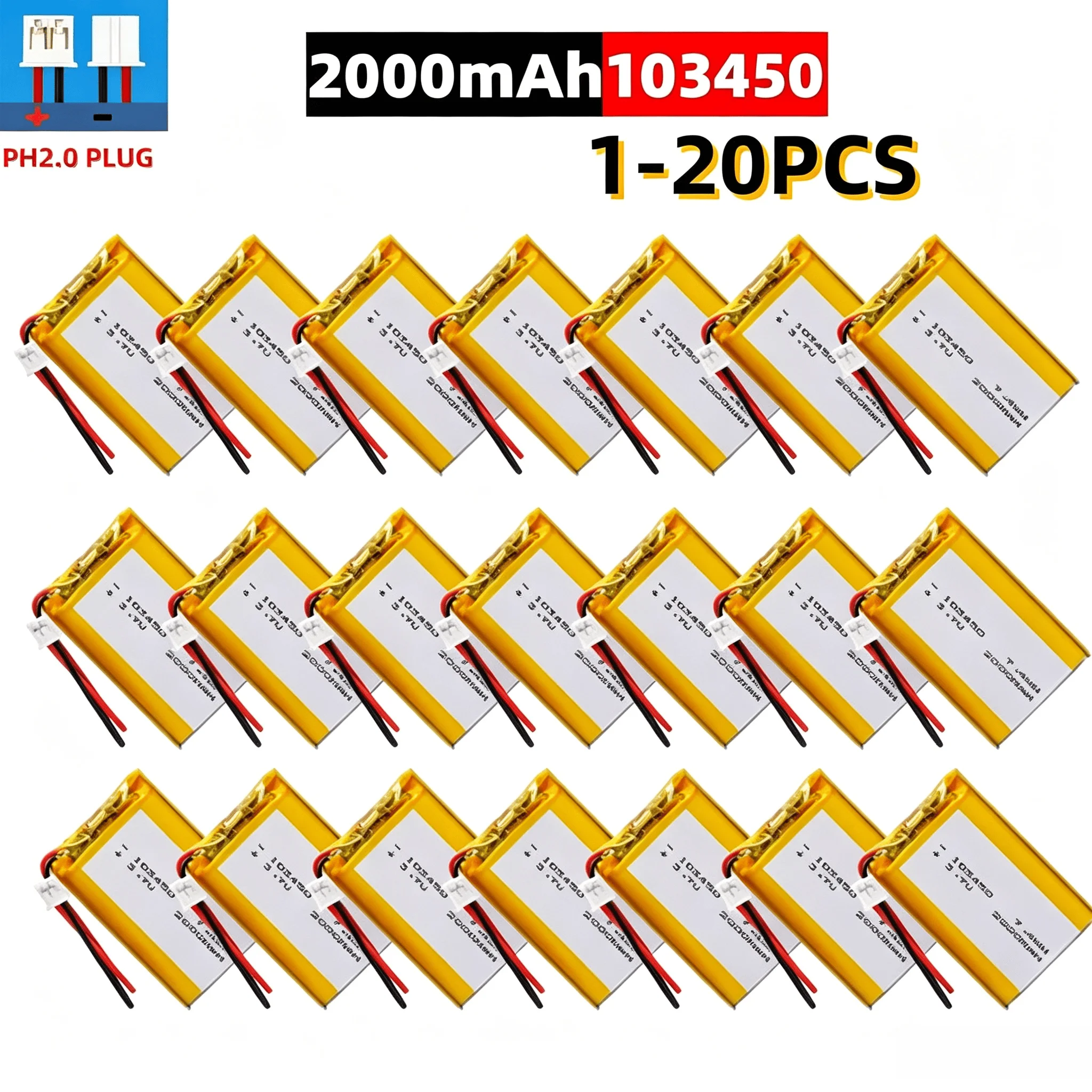 103450 3,7 V 2000 mAh wiederaufladbare Batterie Polymer Lithium Jst PH 2,0 mm 2-poliger Stecker für Kamera GPS Navigator MP5 Bluetooth Headset