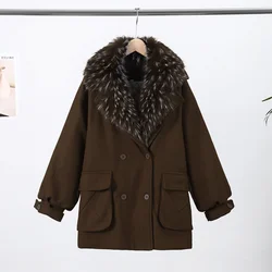 Vintage Artificial Fur Collar Cotton Jacket Dark Brown Long Sleeved Warm Oversize Coat 2025 Autumn Winter High Street Outerwear