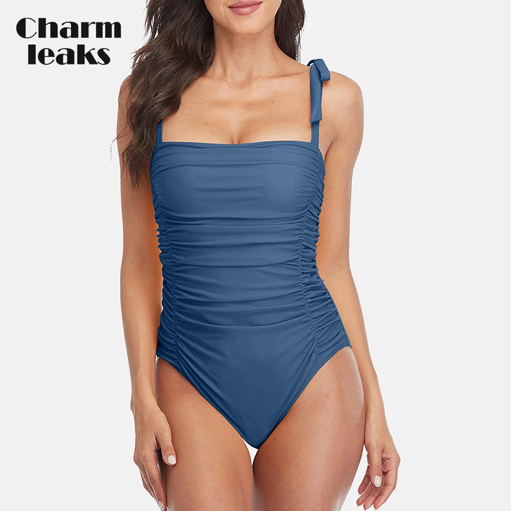 

Charmleaks Women's Monokini Swimsuits Adjustable Self Tie Shoulder Straps One Piece Bathing Suits Tummy Control Ruched Swimwear