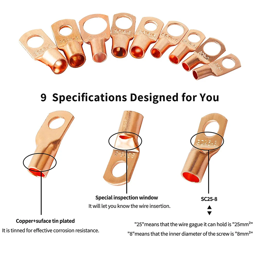 65 copper terminal connectors, AWG 4 6 8 10 12 ring lug kit, with shrink tubing, 31 battery cable lugs, with 34 shrink tubing