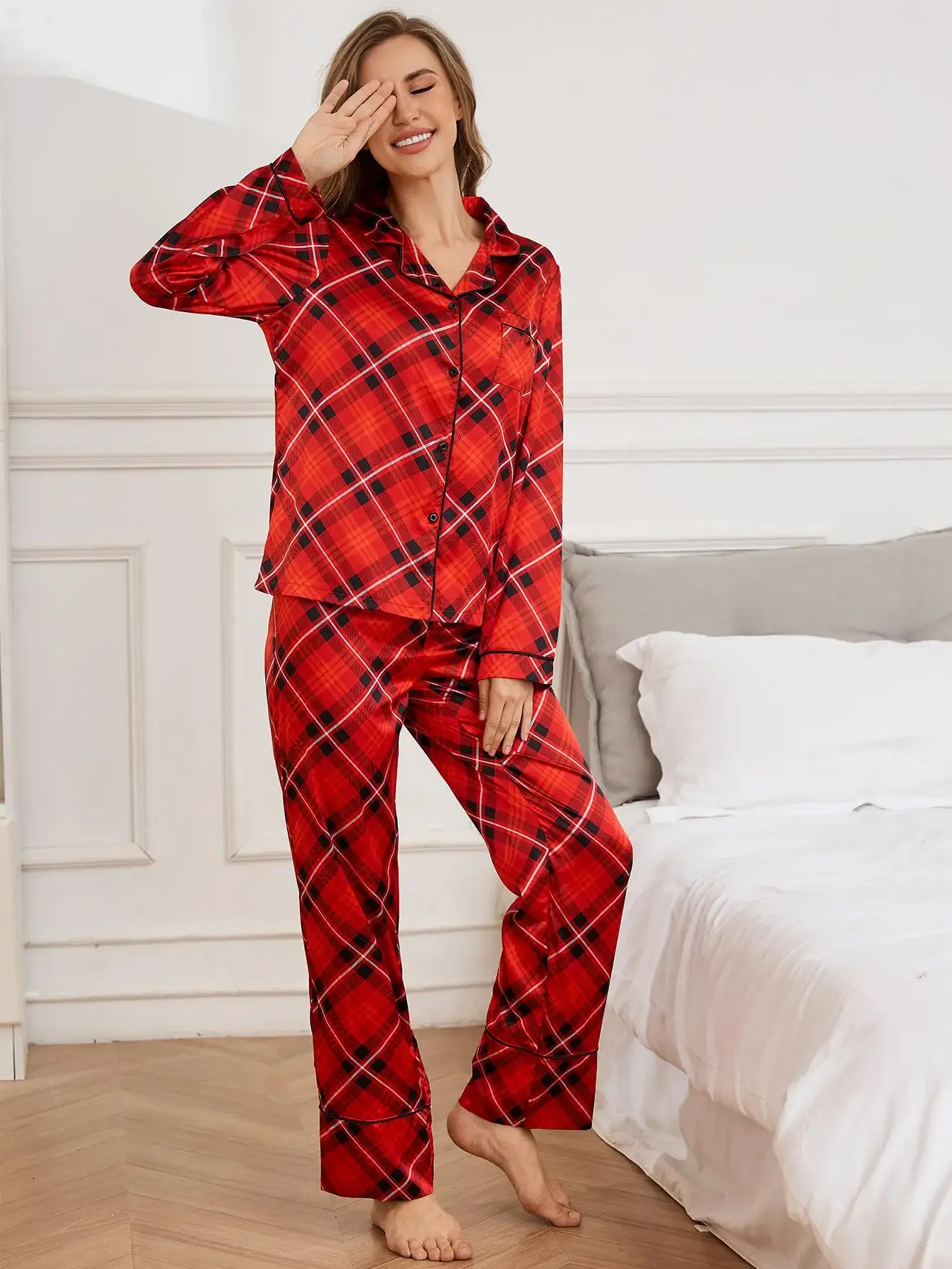 Plaid Silk Satin Women Pajama Set Long Sleeves Front Button Top With Pocket & Full-Length Pants 2 Pcs Female Sleepwear Nightwear