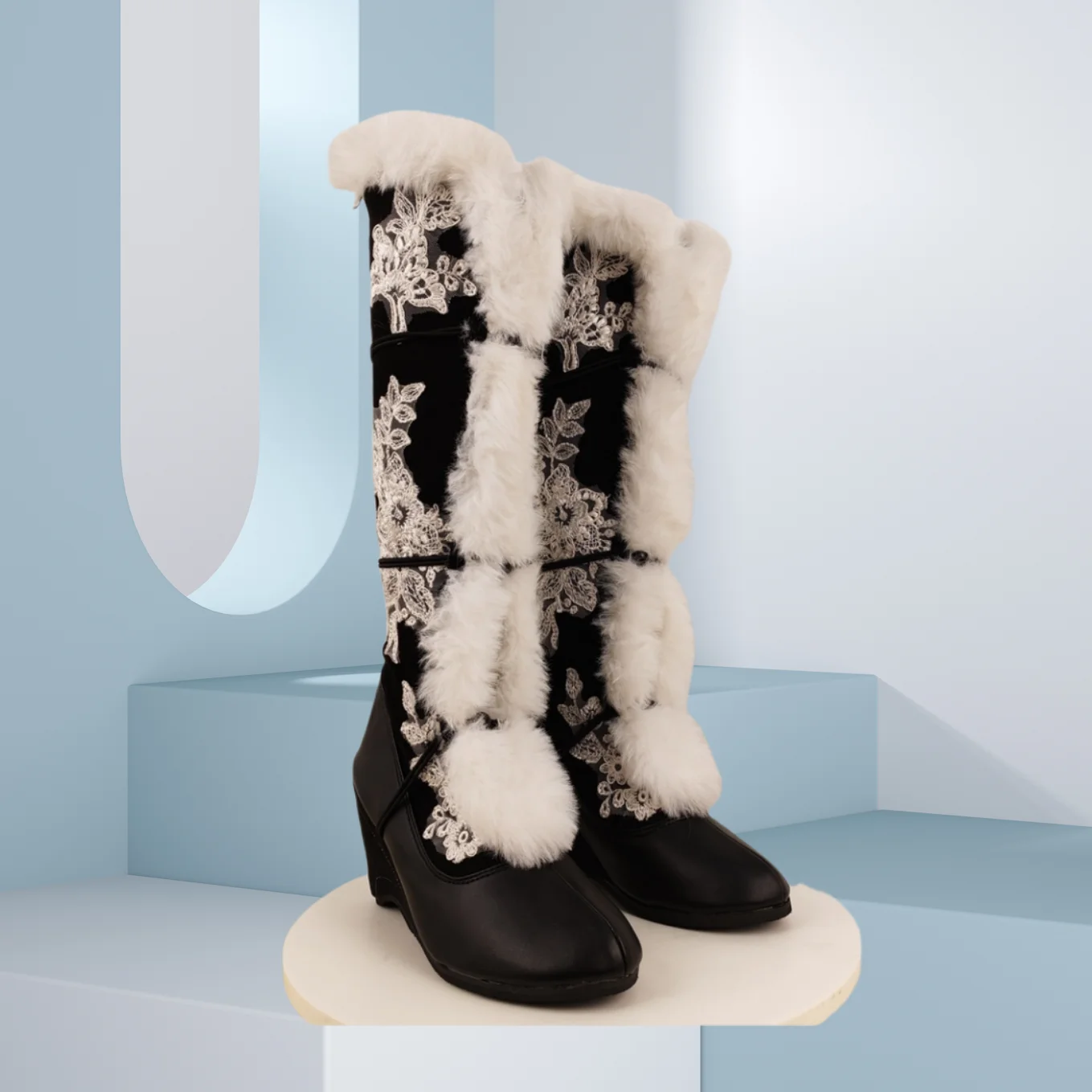 

Patchwork Embroidery Suede Boots Knee High Matte Leather Shoes for Women White Fur Wedge Heels Shoes 2025 Zapatos Para Mujere