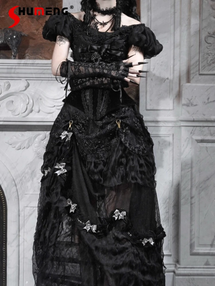 

Original Halloween Cos Black Gothic Long Tail Skirt 2025 New Women's French Elegant Retro Skirts Fishbone Corset T-Shirt Set