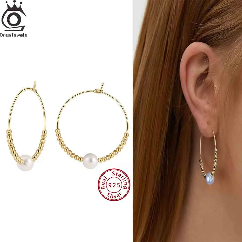 

ORSA JEWELS Baroque Pearl Beads Hoop Earrings for 925 Silver 14K Gold Plated Real Pearl Circle Earrings Wedding Jewelry GPE79