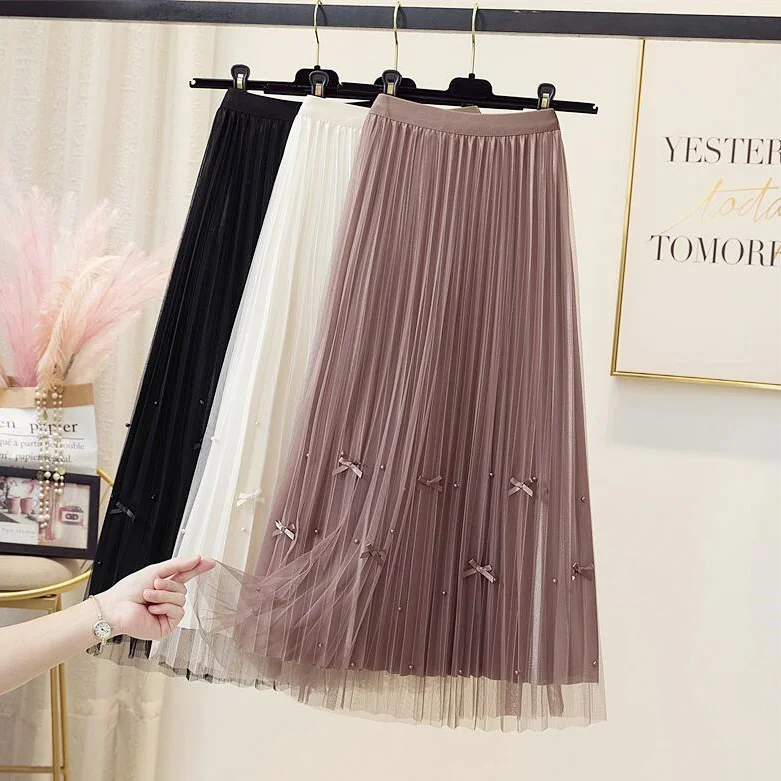 

2024 Women's Spring Autumn New Solid Color Pleated Clothing Female High Waist Mesh Skirt Ladies Long Loose Casual Skirts O696