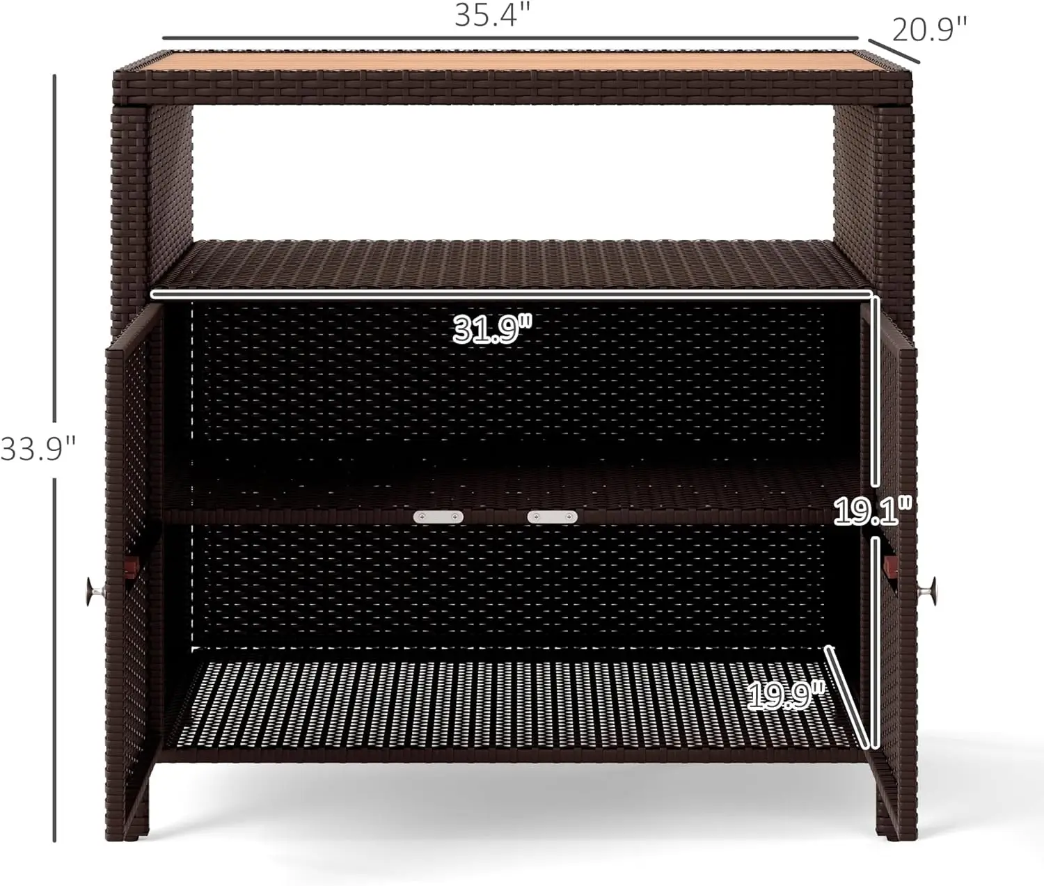 Wicker Outdoor Storage Cabinet with Acacia Wood Countertop, 2-Door Buffet for Patio, Garden, Poolside - Brown