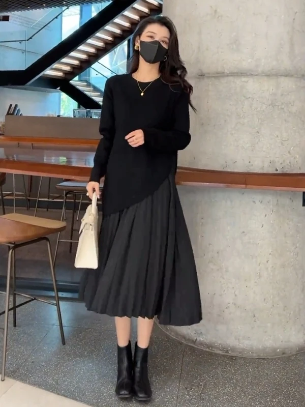 

Новая осенняя плиссированная юбка-миди из шифона с эффектом двухслойности для полных женщин, повседневная, с завышенной талией, больших размеров, стройнящая фигуру