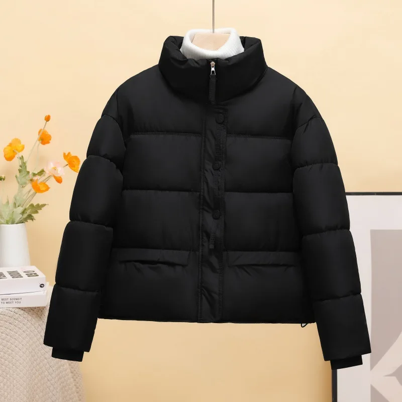 Short Women Parkas Coats Oversize Jacket Solid Stand Collar Zipper Long Sleeves Straight Thick Casual Office Lady 2025 Winter