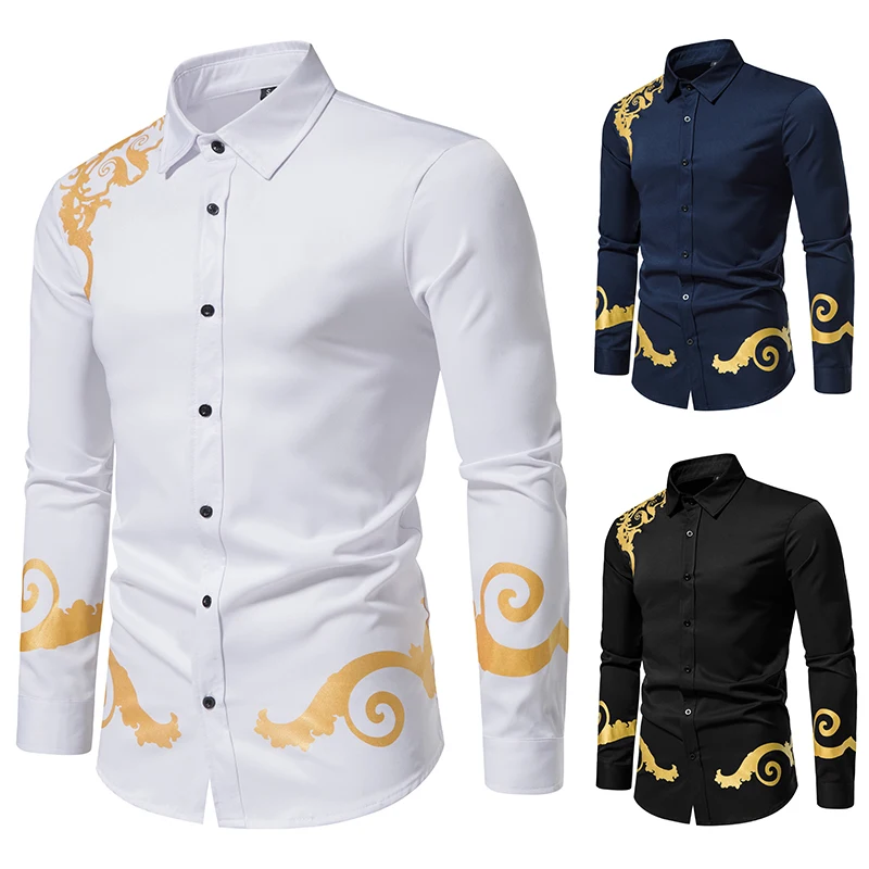 

New Men's Casual Lapel Hot Stamping Long Sleeve Shirt Fashion Slim Suit Shirt for Men