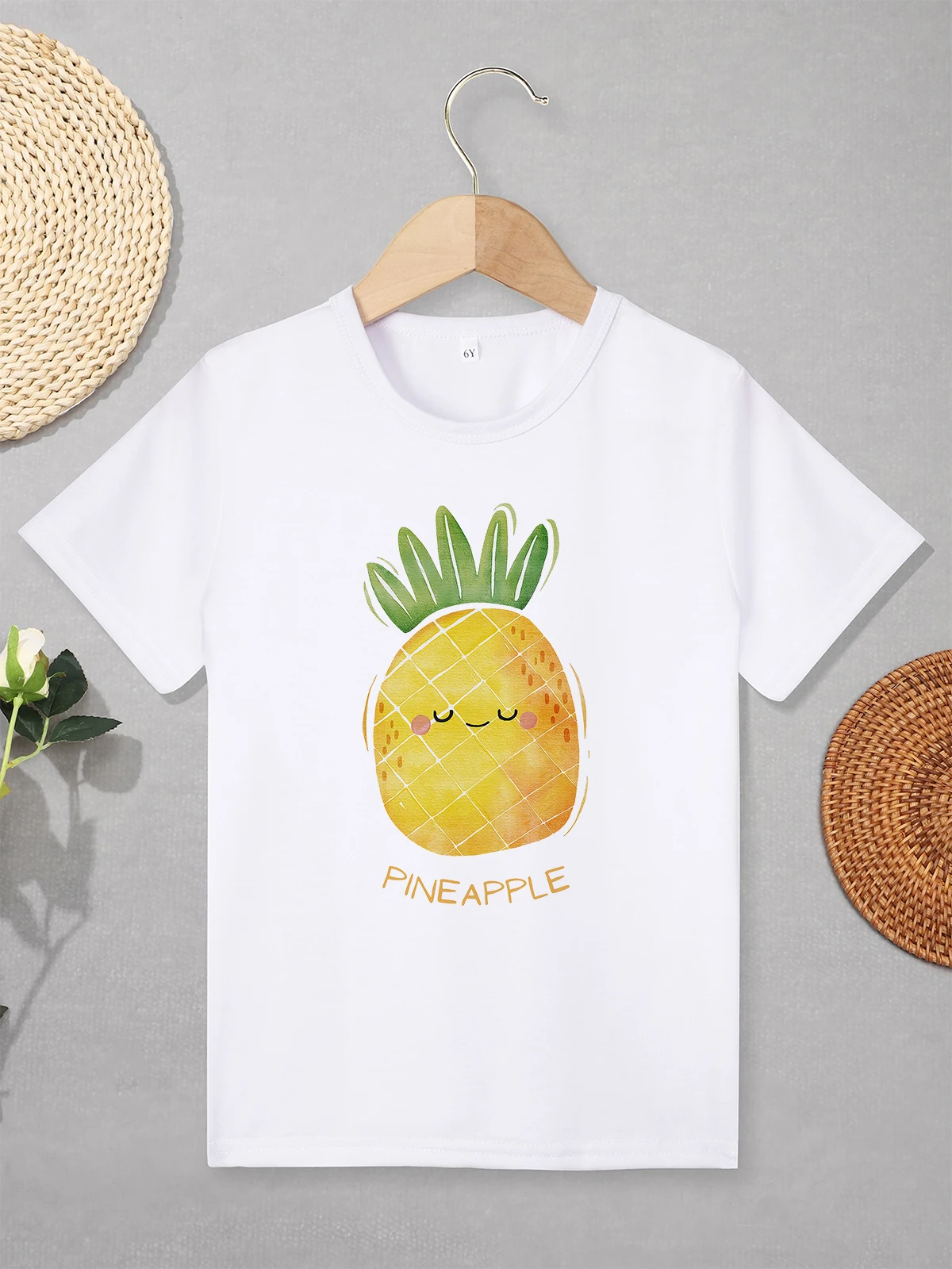 

Cute Cartoon Children's Clothing for 2-7 Years Pineapple Print Casual Streetwear Short Sleeve White Tops Summer Kids T Shirt