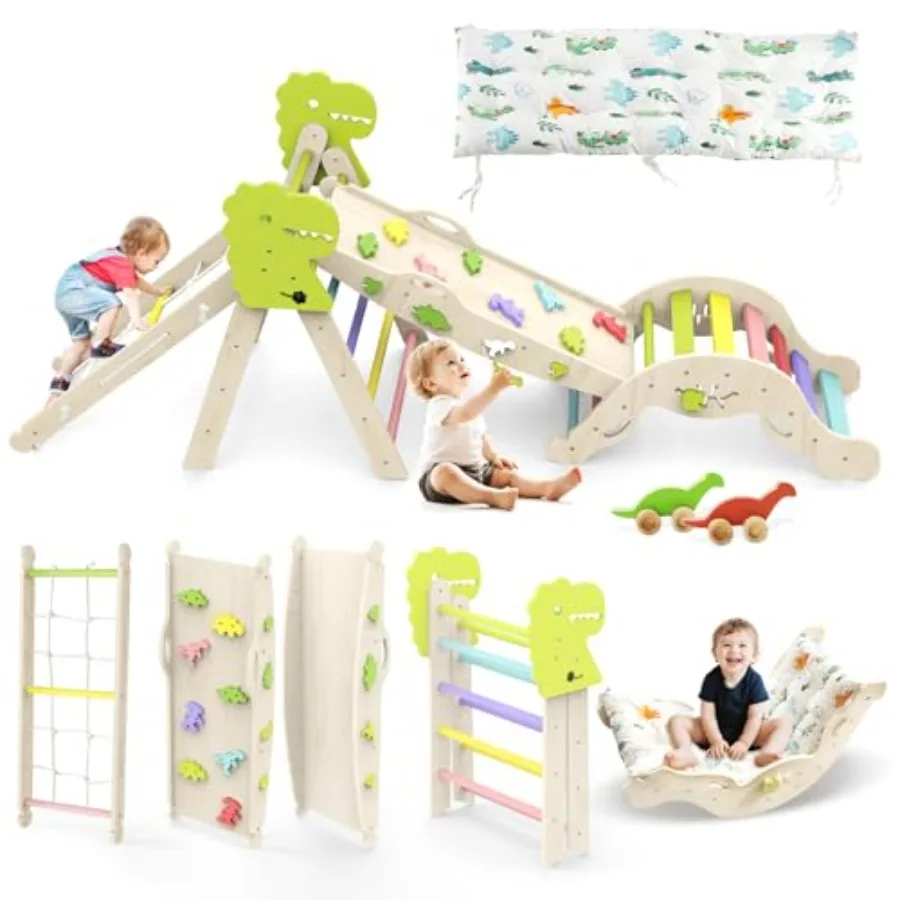

Indoor toddler climbing gym: wooden Pikler triangle set with cushion, natural wood color, 12-in-1 Montessori toy featuring clim