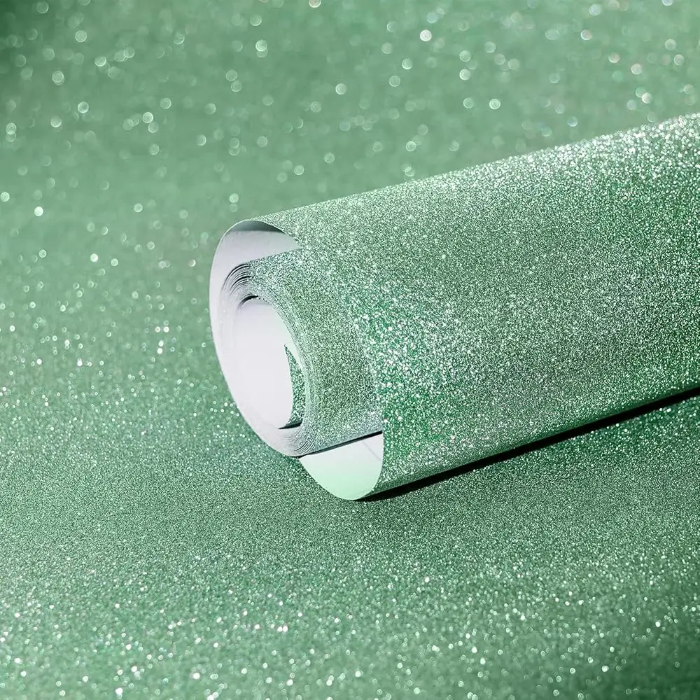 

Green Glitter Vinyl Contact Paper 17.3""×240"" Self Adhesive Sparkly Sti And Peel Wallpaper Decorative Glittery Bling Wallpaper