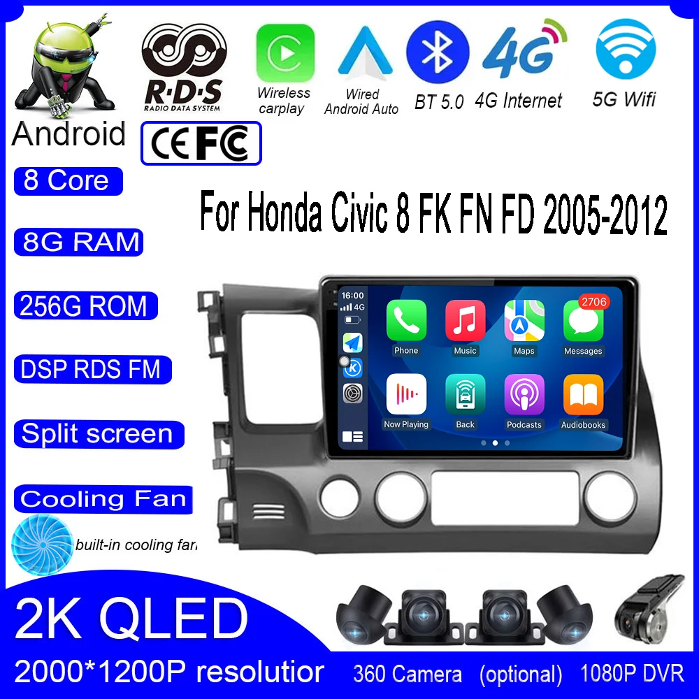 For Honda Civic 8 FK FN FD 2005-2012 Android 14 Car Navigation Stereo Radio Carplay IPS QLED DPS Player Video Multimedia