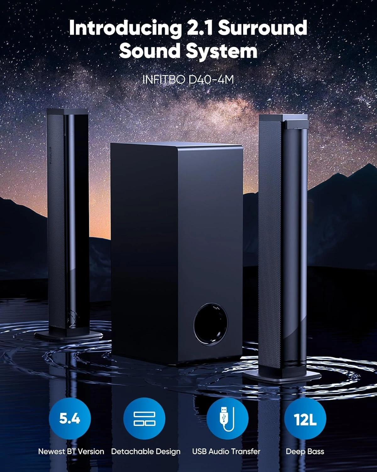 

Sound Bar for Smart TV 2.1CH 190W Peak Power Soundbar with Subwoofer Detachable 2-in-1 BT 5.4Surround Sound System 12L Deep Bass