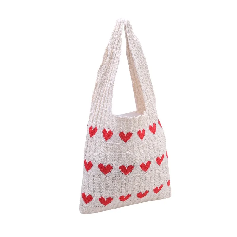 Heart Knitted Women\'s Bag Knit Eco Bag Korean Foldable Shopper Y2K Crochet Rope Shoulder Bag Sweet Knitting Handbag Ins Tote Bag