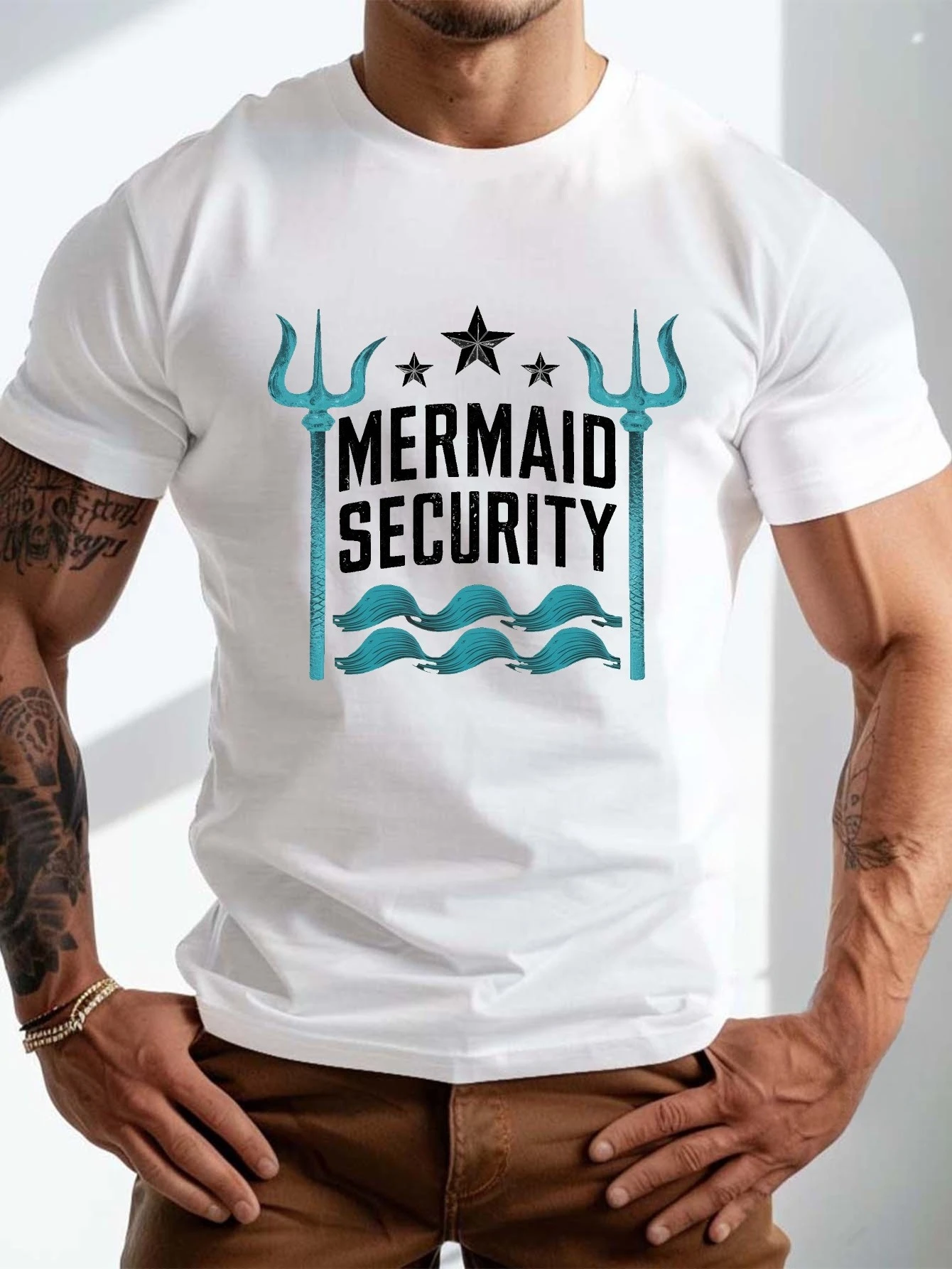 Mermaid Security Print Men's Plus Size Short Sleeve Crew Neck T-Shirt Casual Breathable Tee Stylish Summer Top Minimalist Unisex
