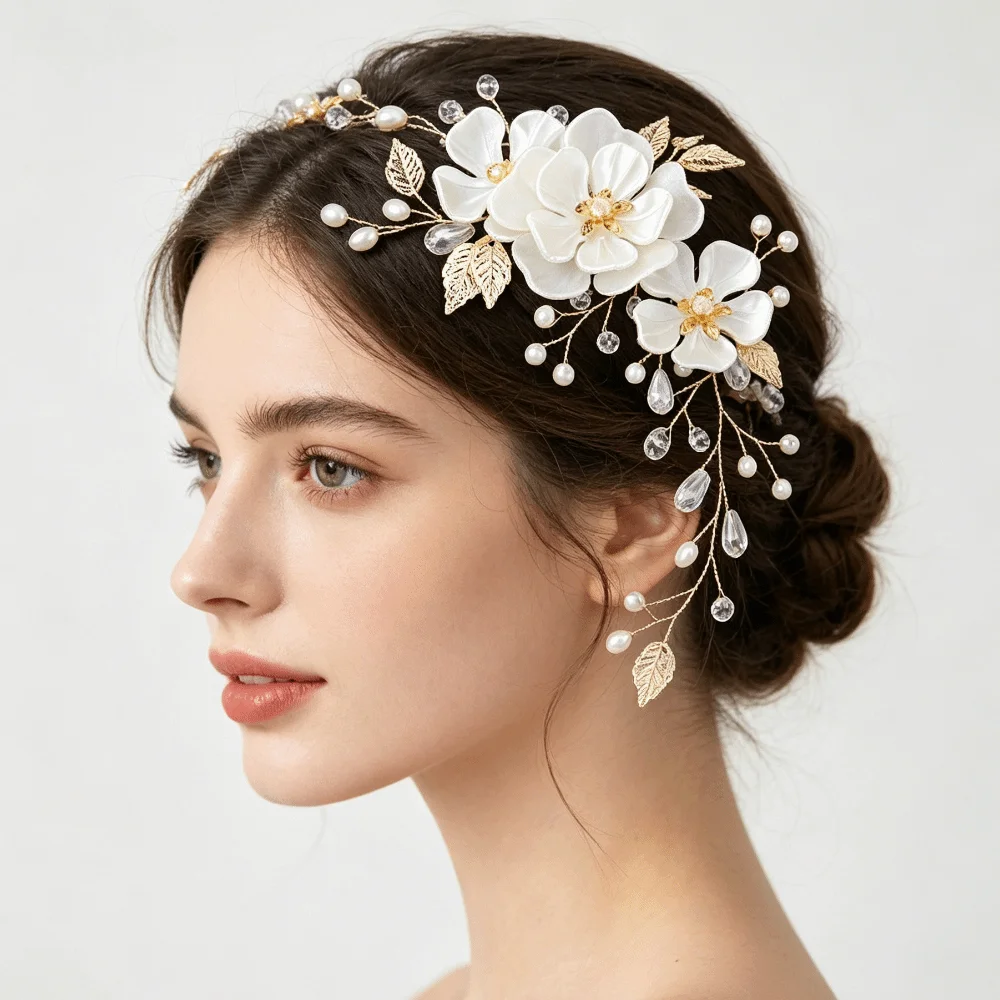 Boho Beaded Crystal Wedding Headband Leaves Pearl Bridal Hair Band Sparkling Exquisite Wedding Hair Accessory Bridesmaid