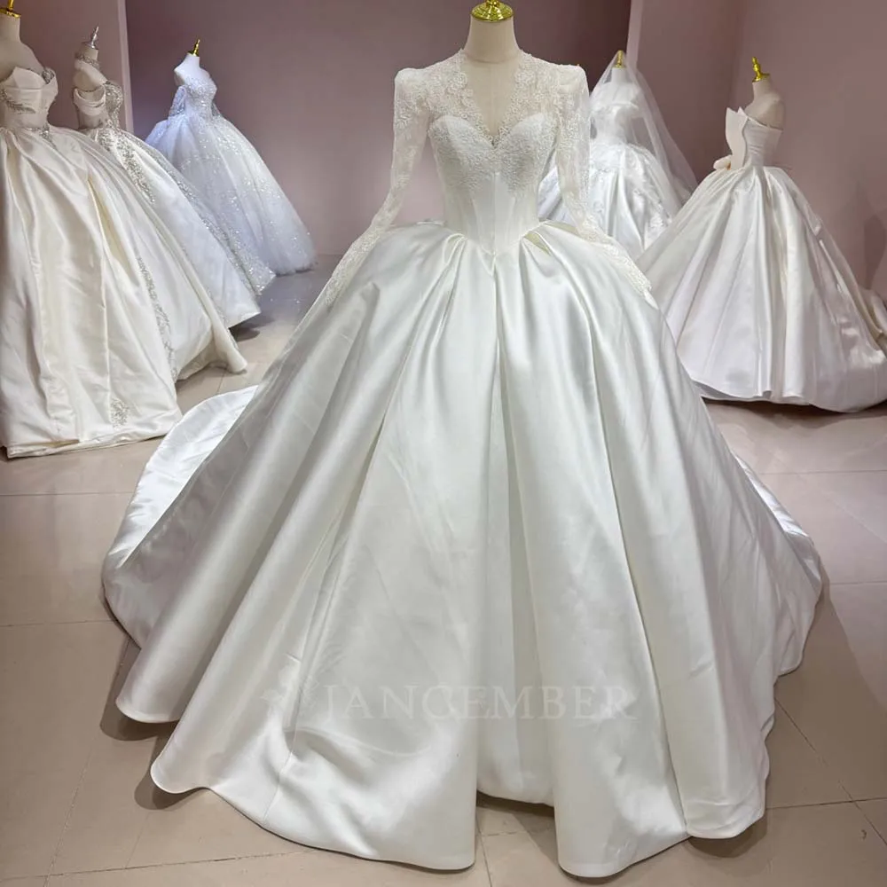 

Classic V-neck Wedding Dresses For Woman Bride Illusion Long Sleeves Corset Satin Vestido De Novia Customized Court Train