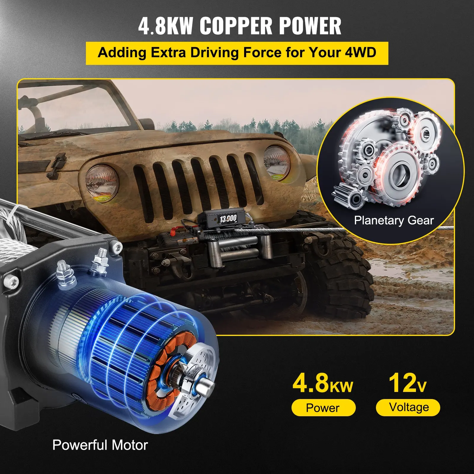 Electric Winch 13000lb Load Capacity Truck Winch SUV 85ft/26m Cable Steel 12V Power With Wireless Remote Control For ATV UTV Off