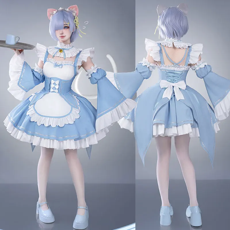 

Sweet lovely Blue Rem Cosplay Cat ears Maid uniform for Re: Life in a different Anime Women Party Costume