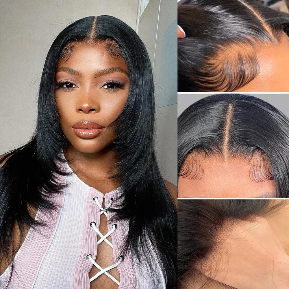 Black Straight Layered Front Wigs Straight Lace Glueless Wig HD Transparent Heat Resistant Layered Lace Front Wig Synthetic Hair image 3