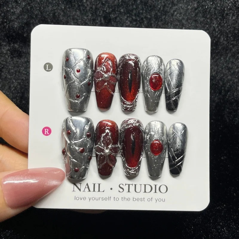 

10PCS Gothic Dark Red Cat Eye French Press on Nails Sweet Cool Metallic Silver Flowers Designs Medium Coffin Fake Nails Y2k Nail