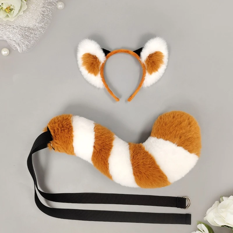 Red Panda Ears Headband Tail Set Halloween Animal Cosplay Kit Kids Party Stage Performance Costume Accessories