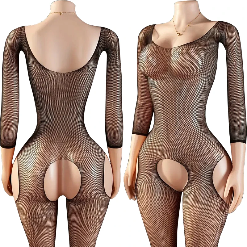 Hot Sexy Lingerie Women Open Crotch Sex Clothes Erotic Bodystocking Crotchless Sleeve Hollow Fishnet Full Body Stockings