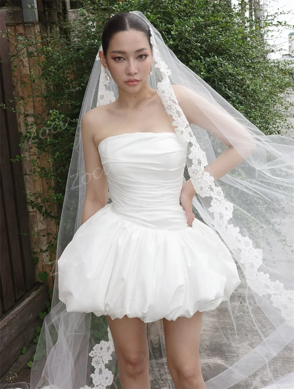 Zoci Elegante Strapless Taffeta Korte Mini Koreaanse Trouwjurken Gedrapeerd Colorado Pwerna Tethoi Sukhoi Bruid Foto's Schieten Bruidsjurken Op Maat