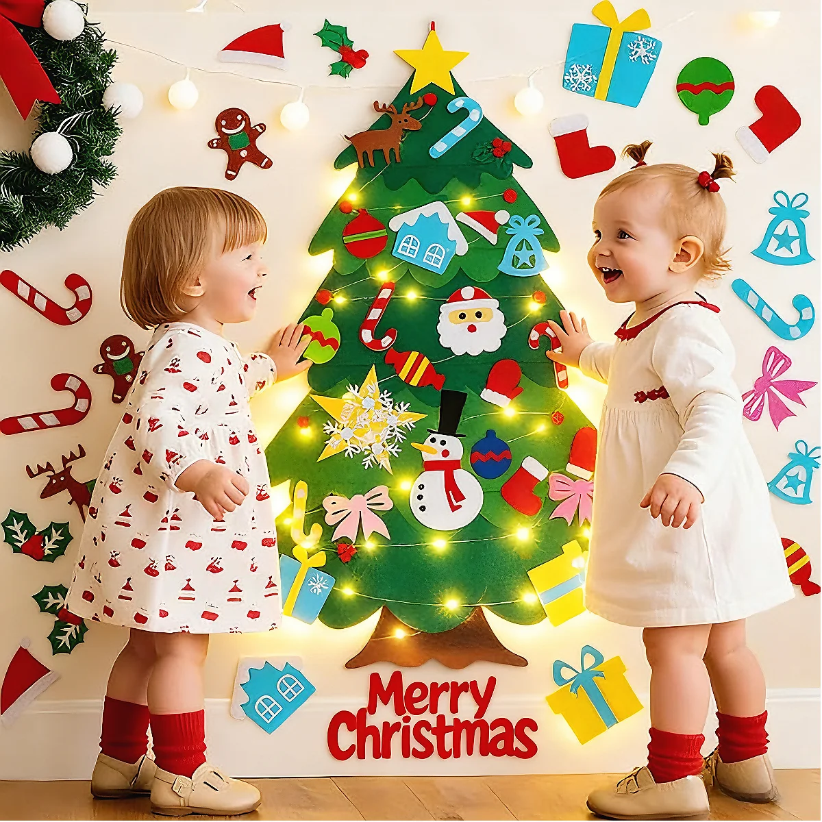 

Рождественская елка из фетра Монтессори своими руками для малышей, настенный декор с 31 съемными украшениями и светодиодной подсветкой, образовательный подарок