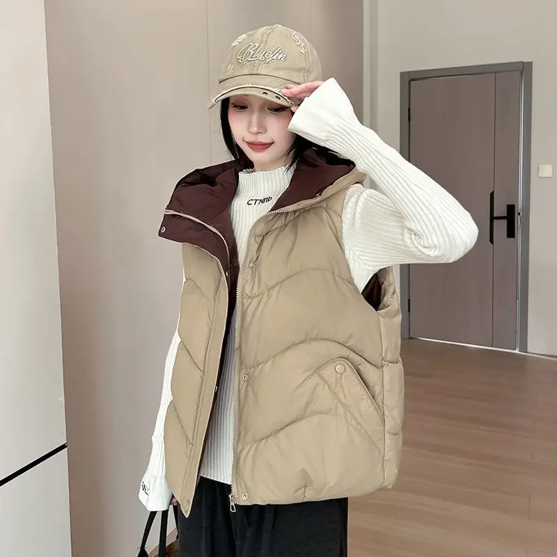 

Autumn Winter Jacket Detachable Hooded Cotton Vest Women Korean Mid Length Vests Sleeveless Jackets Female Waistcoat Tank Top