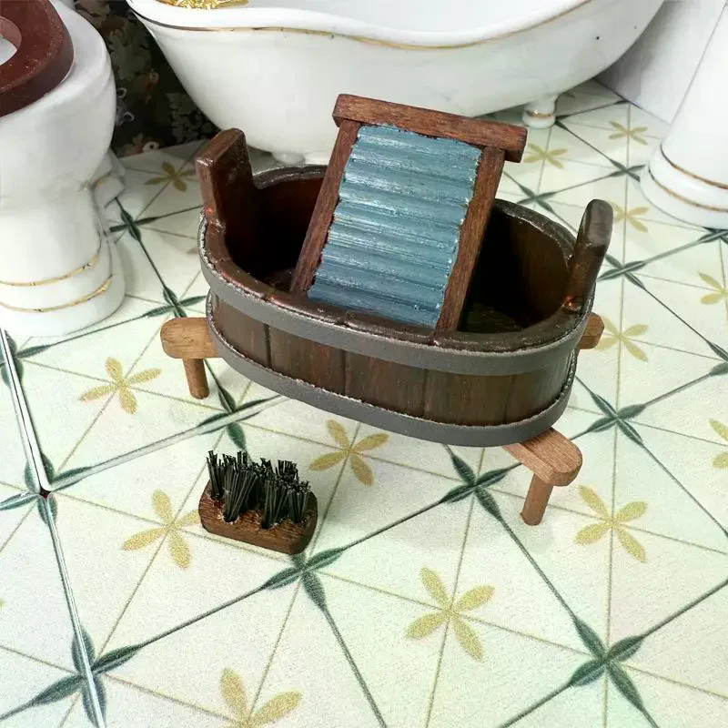 1:12 casa de bonecas em miniatura barril de madeira escova de tábua de lavar conjunto de três peças cena de lavanderia micro paisagem ornamentos fingir jogar brinquedos