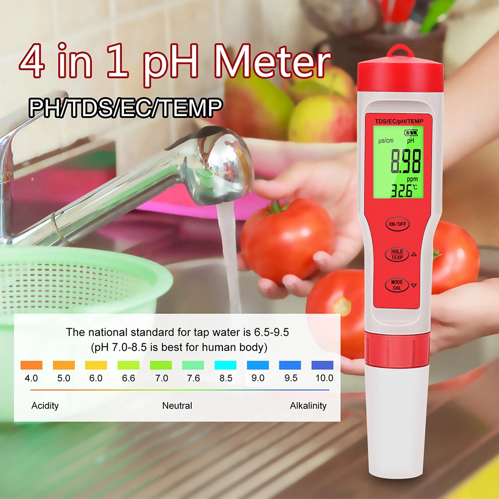 NOYAFA 4 in 1 Water Quality Tester EZ-9908 PH Meter Digital LCD PH/TDS/EC/TEMP Monitor Tester For Pools Drinking Water Aquariums