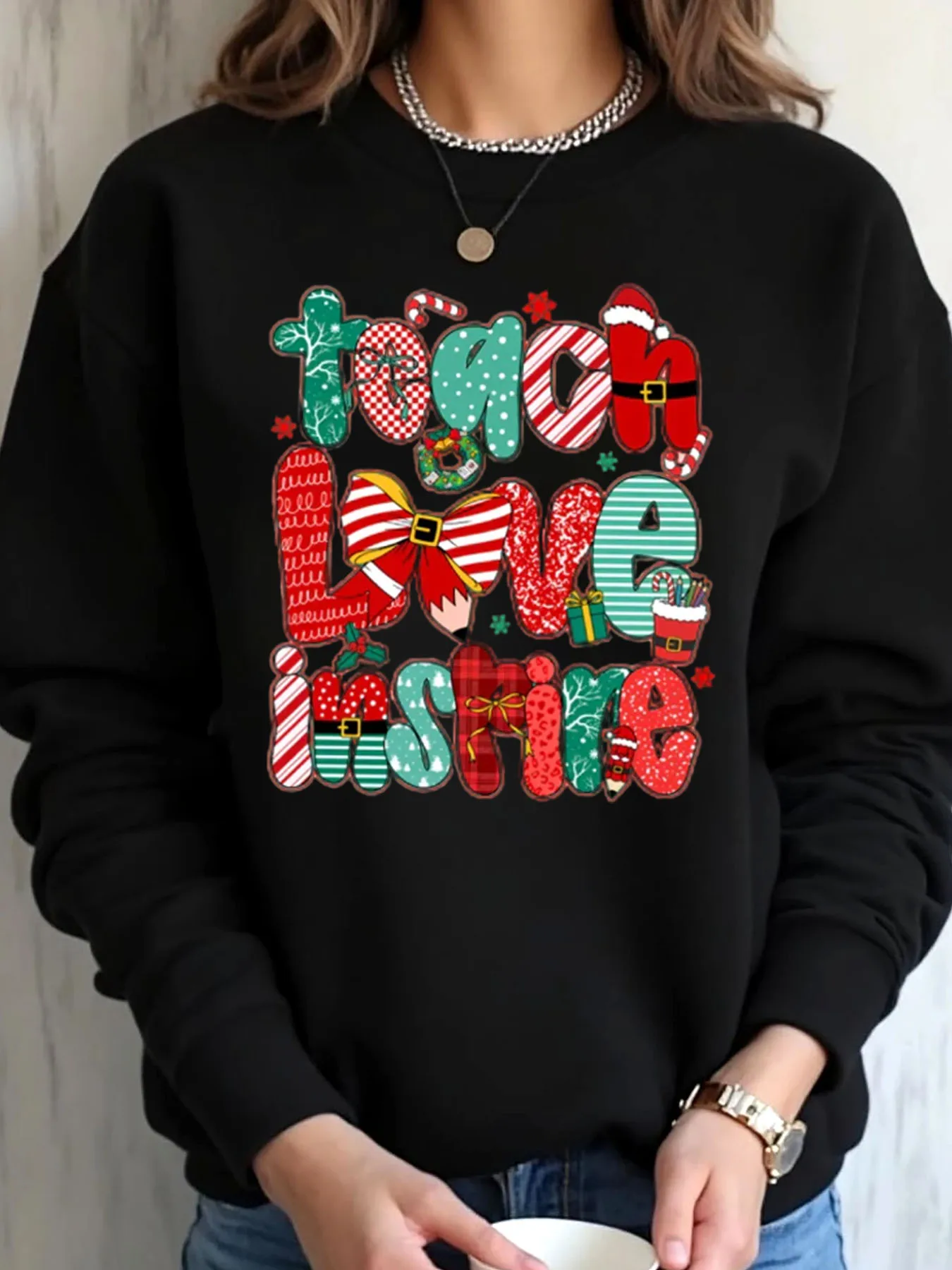 

Женская толстовка большого размера с рождественским принтом Teach Love Inspire, уличная одежда