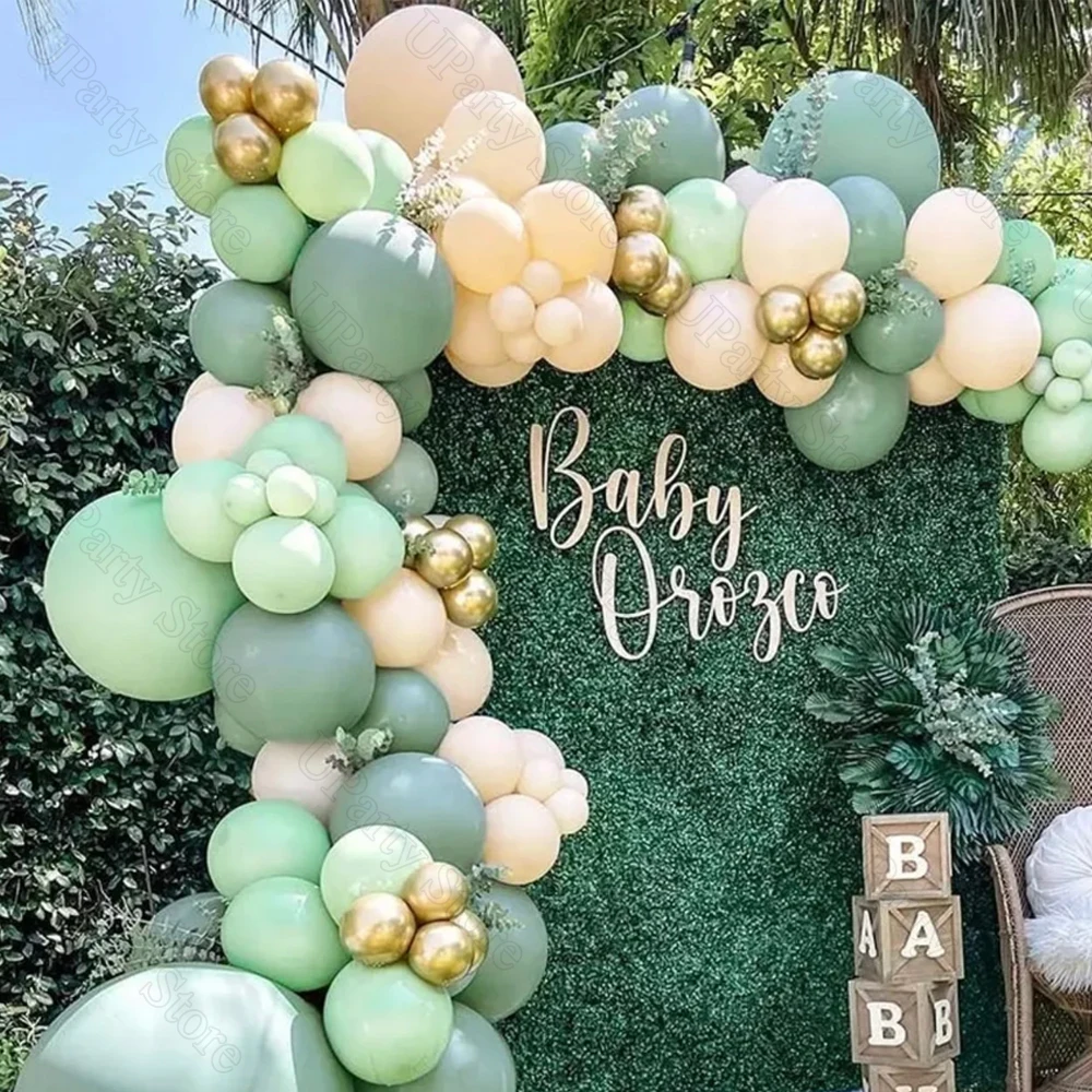 1 Set Mint Green Balloons Garland Chrome Gold Boho Beige Maca Retro Sage Green Balloon Arch for Baby Shower Birthday Party Decor