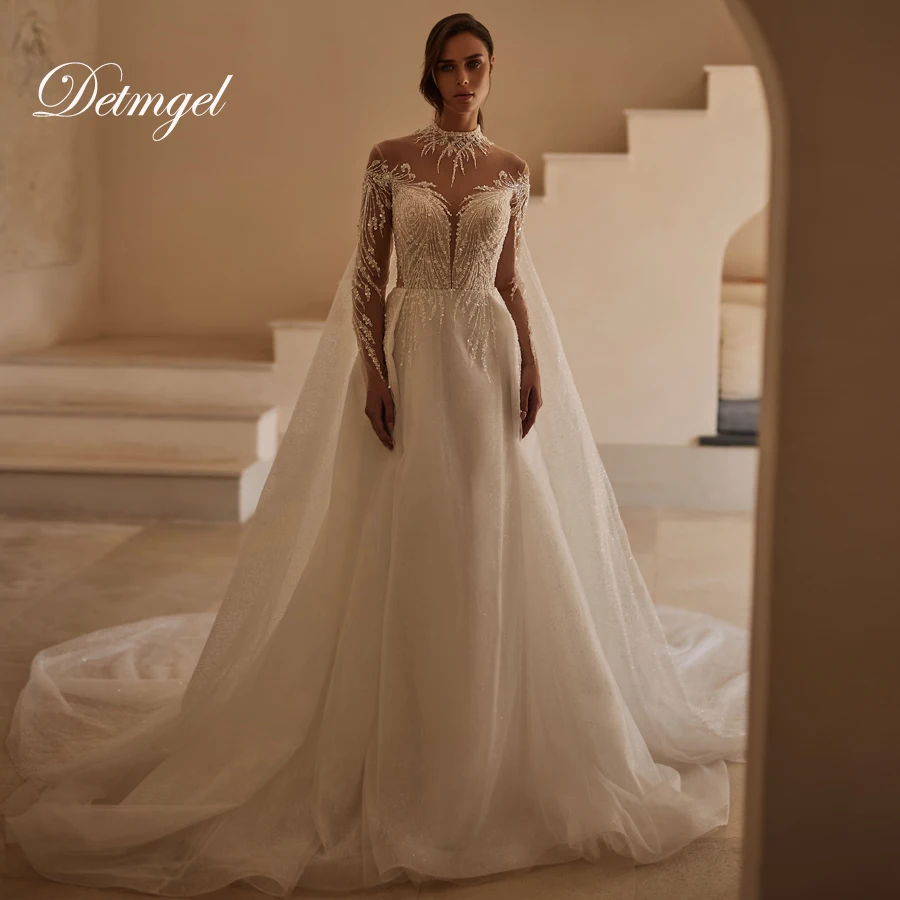 

Detmgel New Modern A-Line Wedding Dresses Exquisite O-Neck Shawl Beaded Lace Appliques Court Train Vestido De Noiva Customized