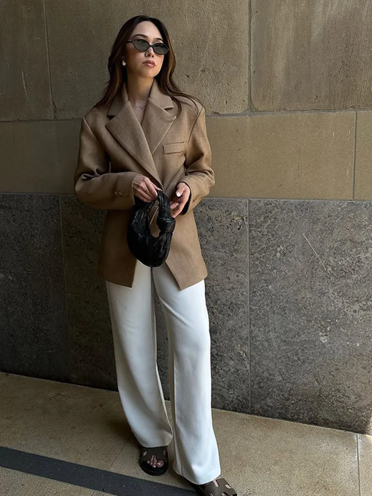 Fashion Khaki Lapel Blazer Coat For Women Oversized Double Button Long Sleeves Slim Jacket 2024 Autumn Office Female Outwear