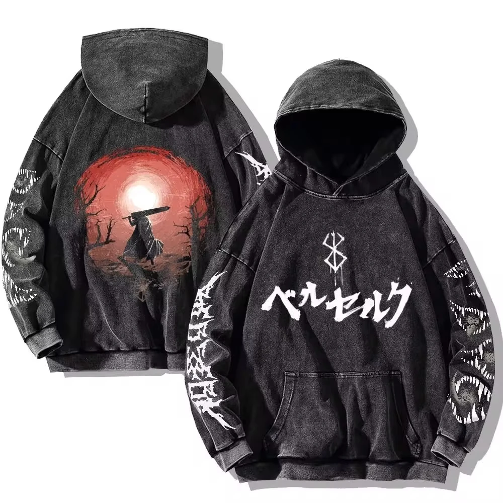 Mens Berserk Hoodies Gothic Print Vintage Washed Hoodie Hip Hop Streetwear Cotton Sweatshirts Harajuku Casual Hooded Pullover