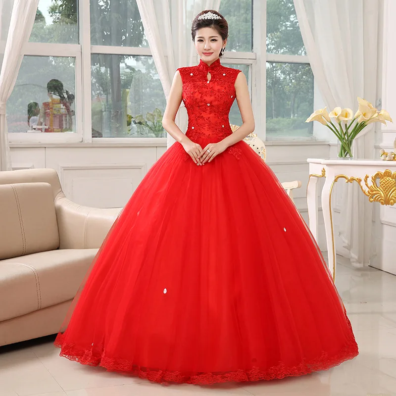 

Customized Red Sweet Princess Wedding Dress Strapless Plus Size Wedding Gowns Rhinestone flower embroidery Bridal Dress